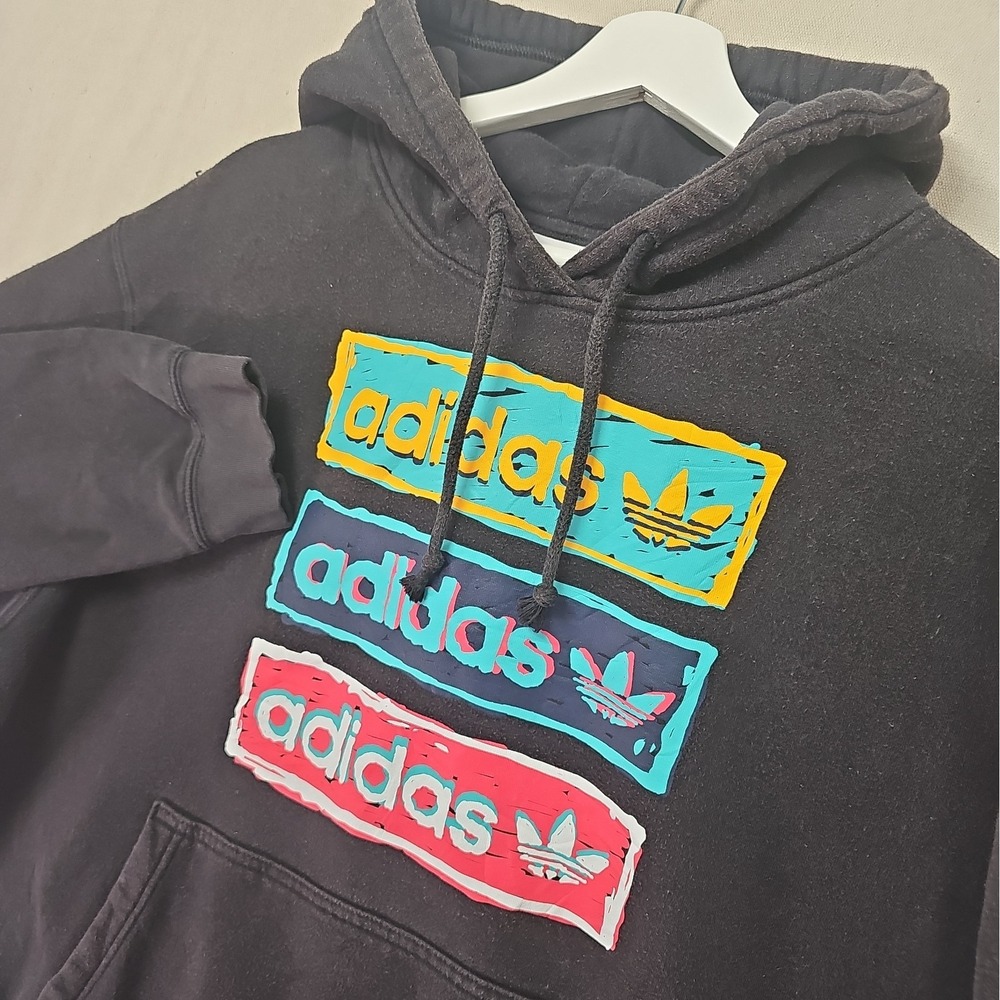 Adidas Men's XL Iconic Black Tri Linear Multicolor Graphic Hooded Sweatshirt